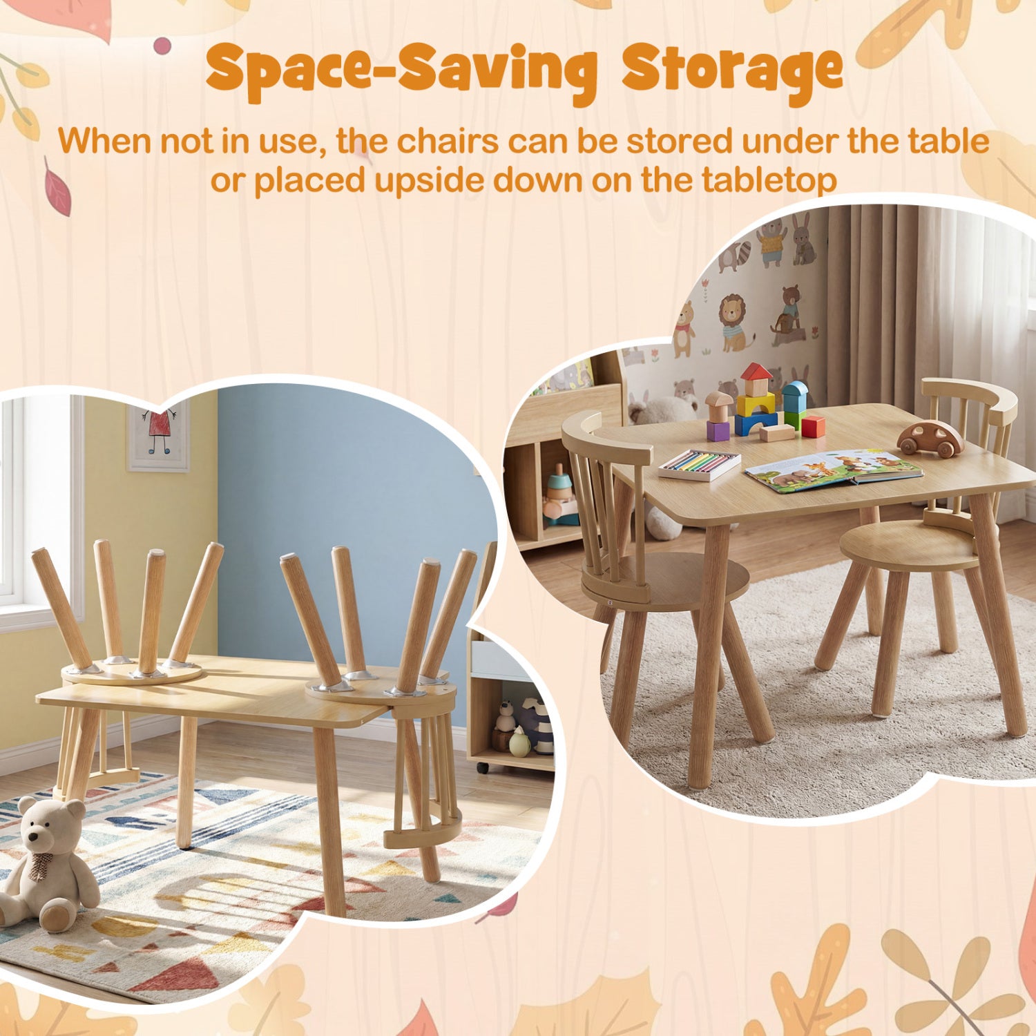 Kids Wooden Table and Chairs Set 3-Piece Toddler Furniture with Pine Wood Frame, Natural Kids Table & Chair Sets at Gallery Canada
