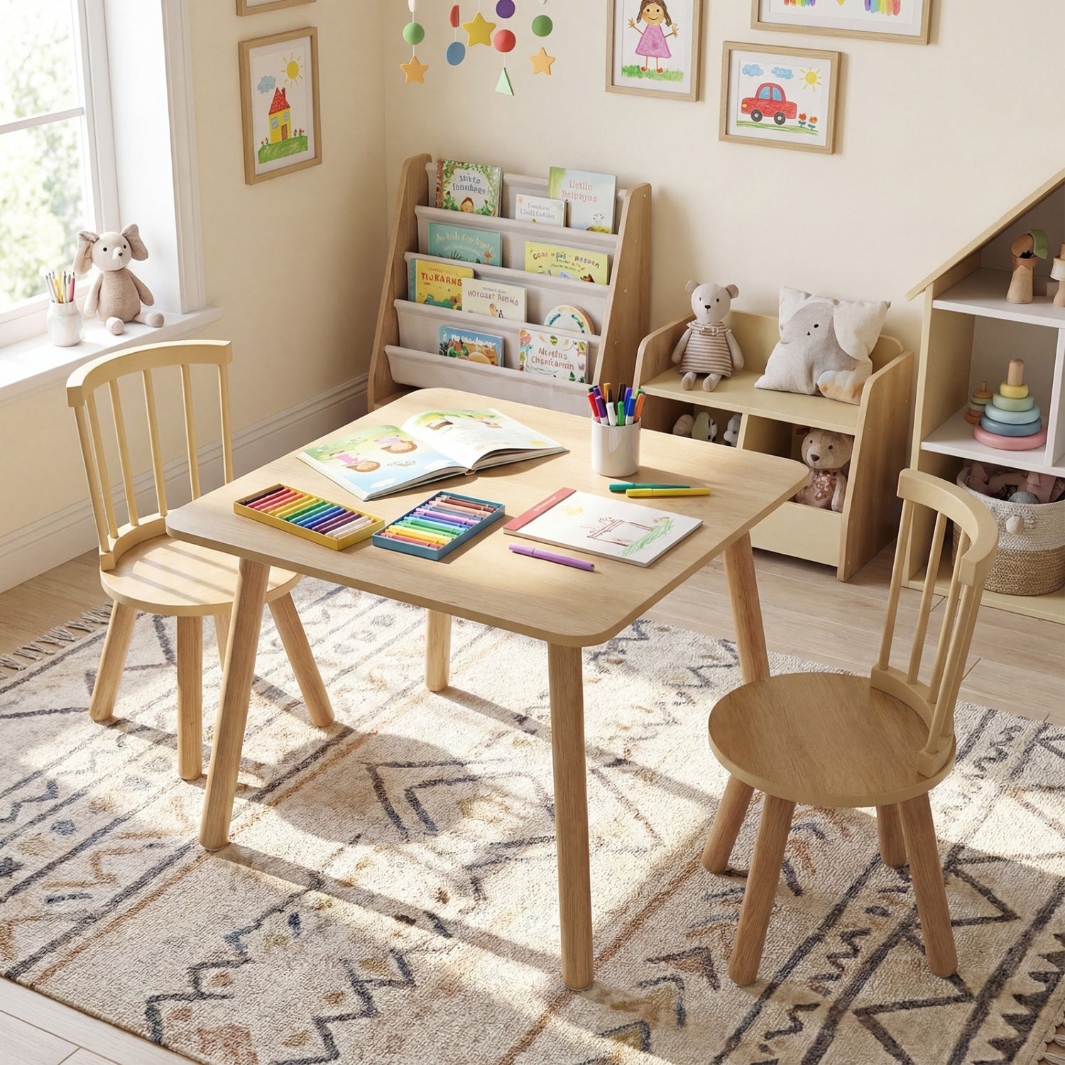Kids Wooden Table and Chairs Set 3-Piece Toddler Furniture with Pine Wood Frame, Natural Kids Table & Chair Sets at Gallery Canada