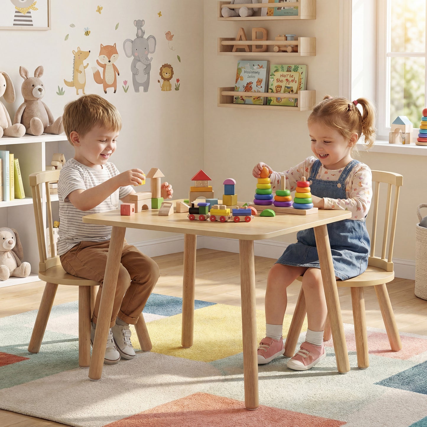 Kids Wooden Table and Chairs Set 3-Piece Toddler Furniture with Pine Wood Frame, Natural Kids Table & Chair Sets at Gallery Canada