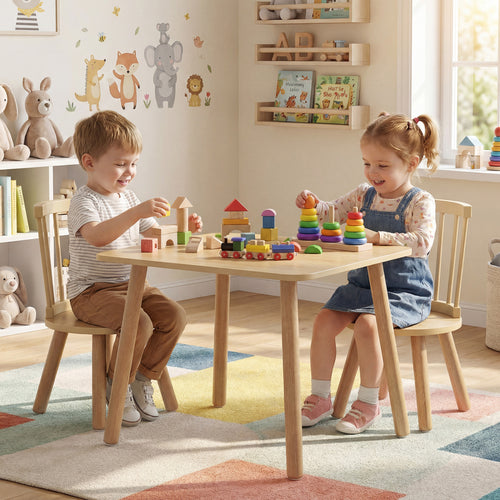 Kids Wooden Table and Chairs Set 3-Piece Toddler Furniture with Pine Wood Frame, Natural