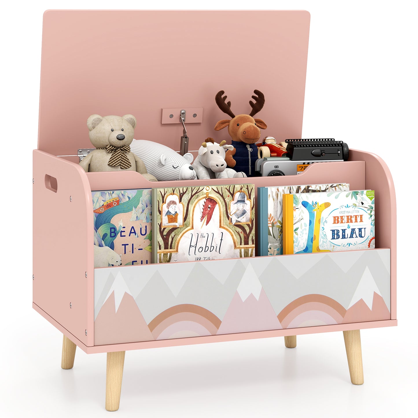 Kids Wooden Toy Box with Front Bookshelf and 4 Solid Wood Legs for Playroom, Pink