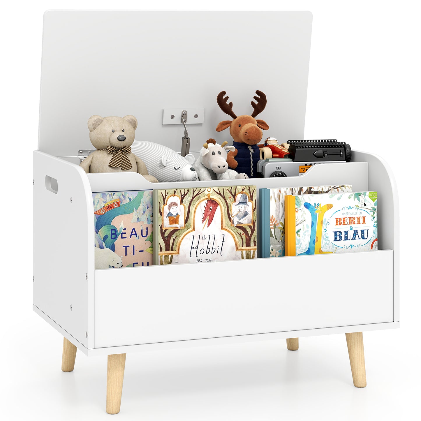 Kids Wooden Toy Box with Front Bookshelf and 4 Solid Wood Legs for Playroom, White