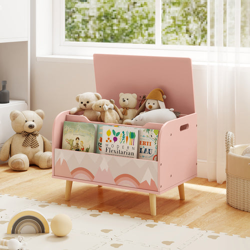 Kids Wooden Toy Box with Front Bookshelf and 4 Solid Wood Legs for Playroom, Pink