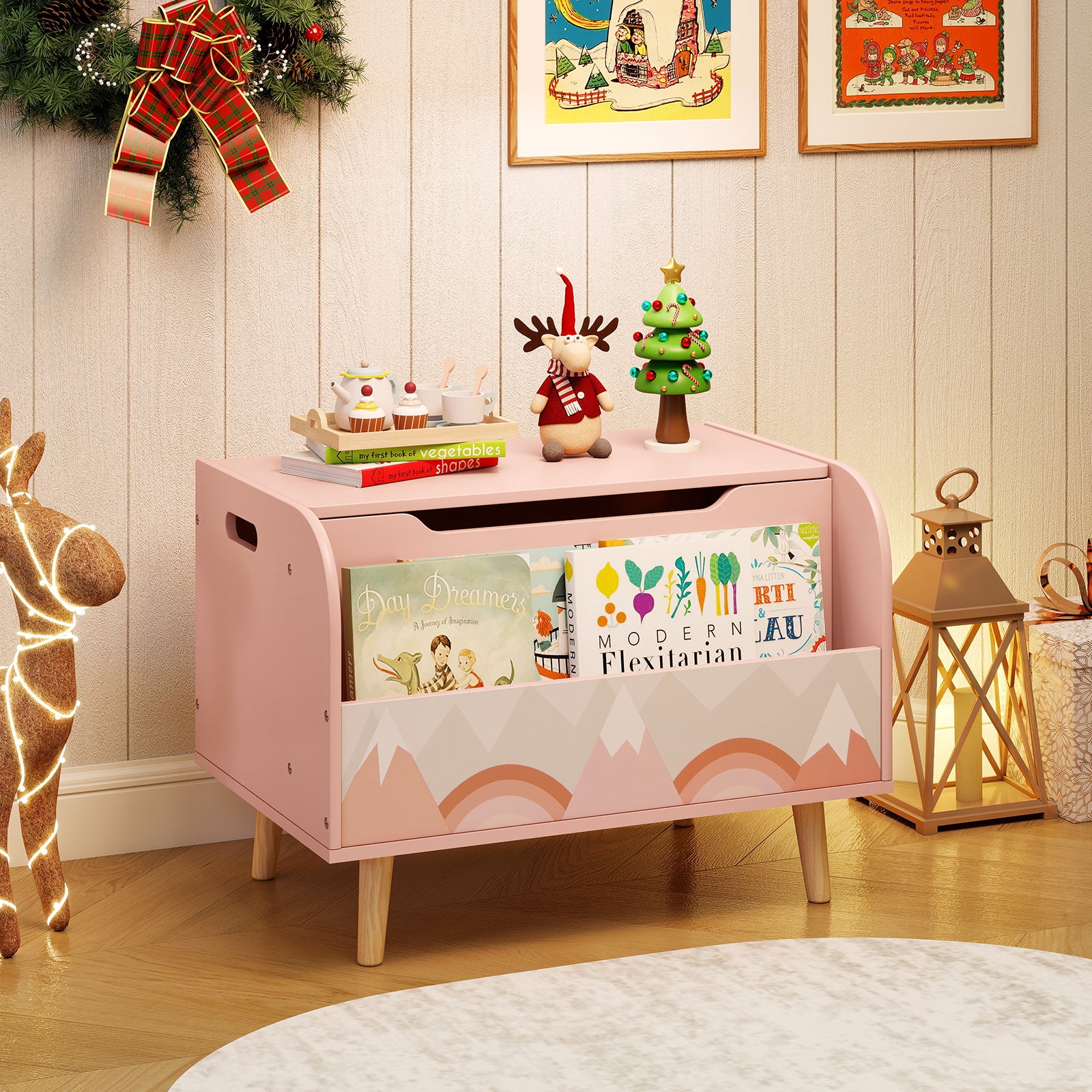 Kids Wooden Toy Box with Front Bookshelf and 4 Solid Wood Legs for Playroom, Pink Kids Storage at Gallery Canada