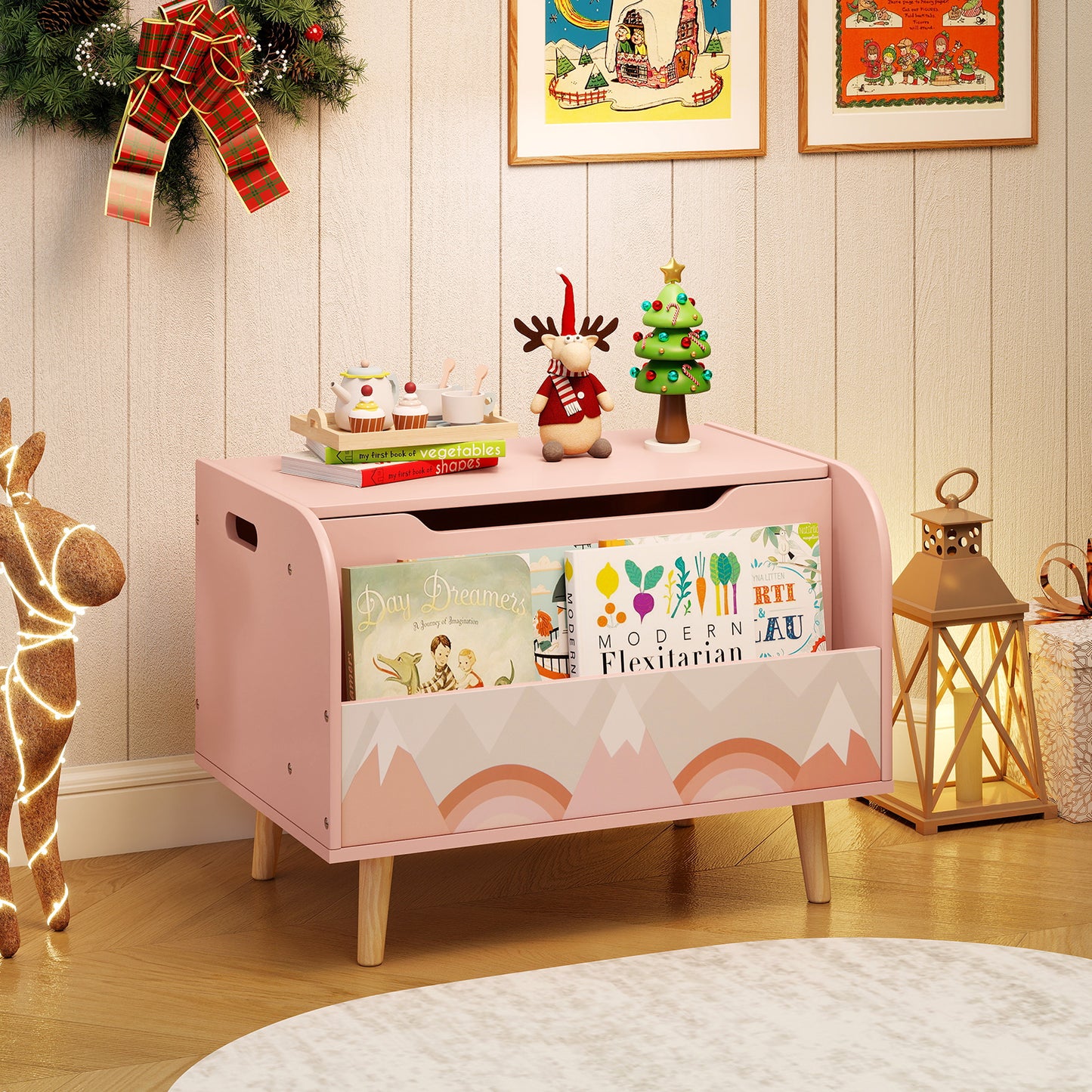 Kids Wooden Toy Box with Front Bookshelf and 4 Solid Wood Legs for Playroom, Pink Kids Storage at Gallery Canada