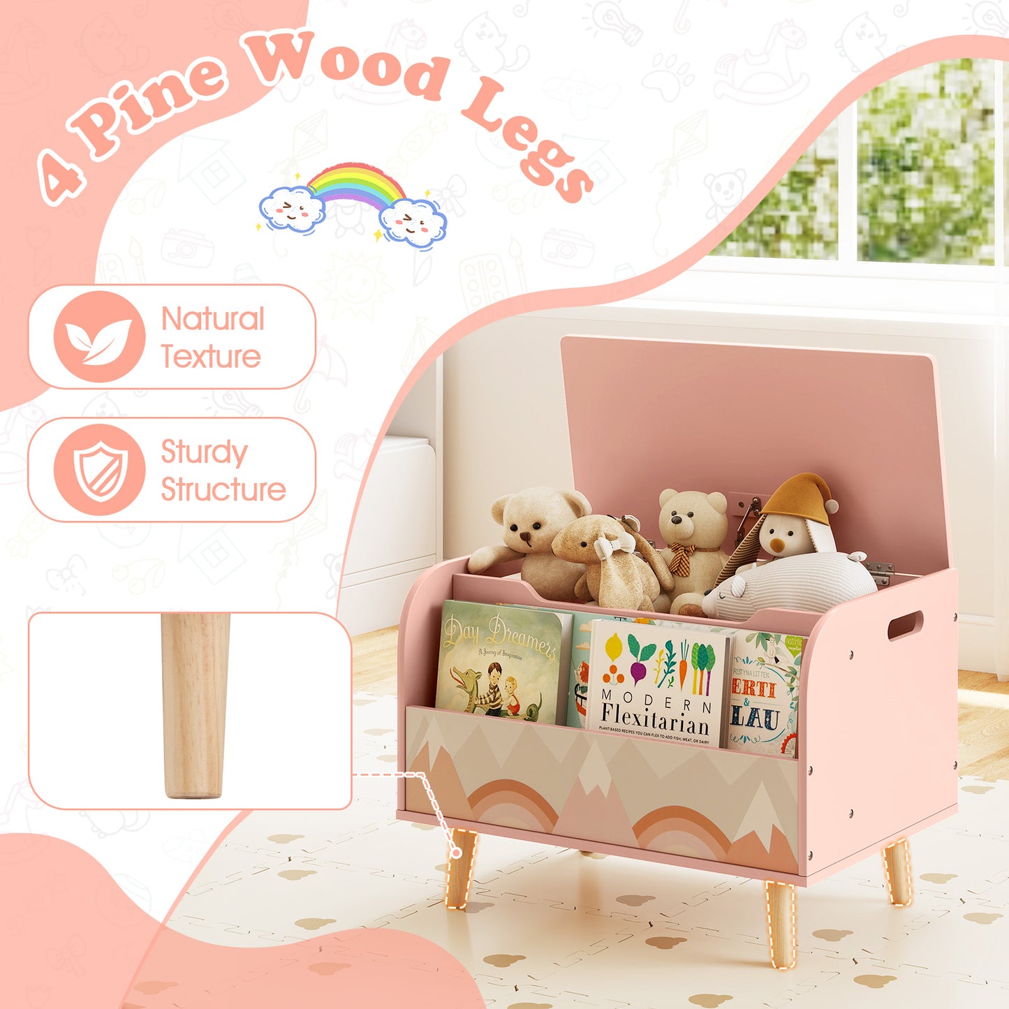 Kids Wooden Toy Box with Front Bookshelf and 4 Solid Wood Legs for Playroom, Pink Kids Storage at Gallery Canada