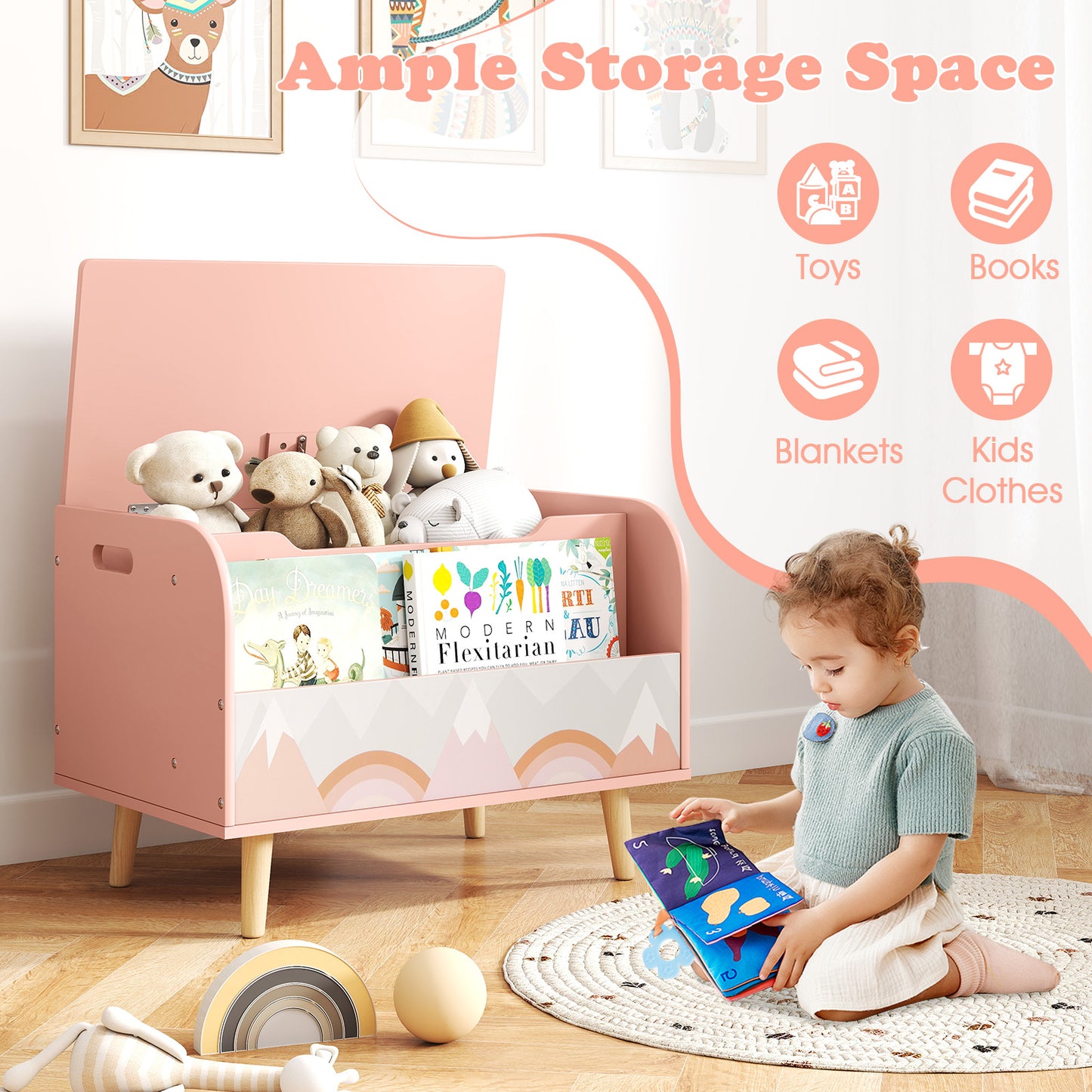 Kids Wooden Toy Box with Front Bookshelf and 4 Solid Wood Legs for Playroom, Pink Kids Storage at Gallery Canada
