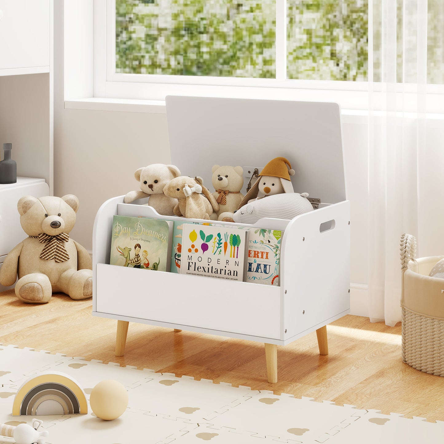 Kids Wooden Toy Box with Front Bookshelf and 4 Solid Wood Legs for Playroom, White Kids Storage at Gallery Canada