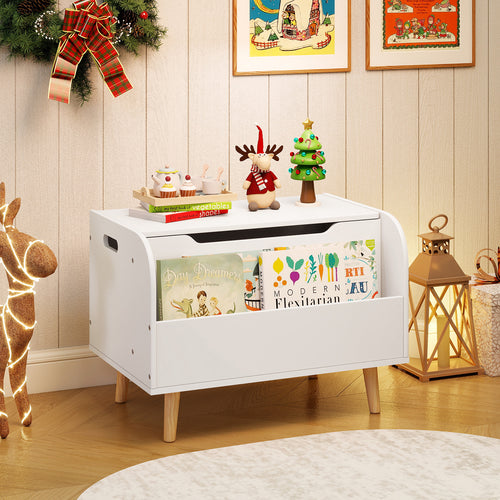 Kids Wooden Toy Box with Front Bookshelf and 4 Solid Wood Legs for Playroom, White