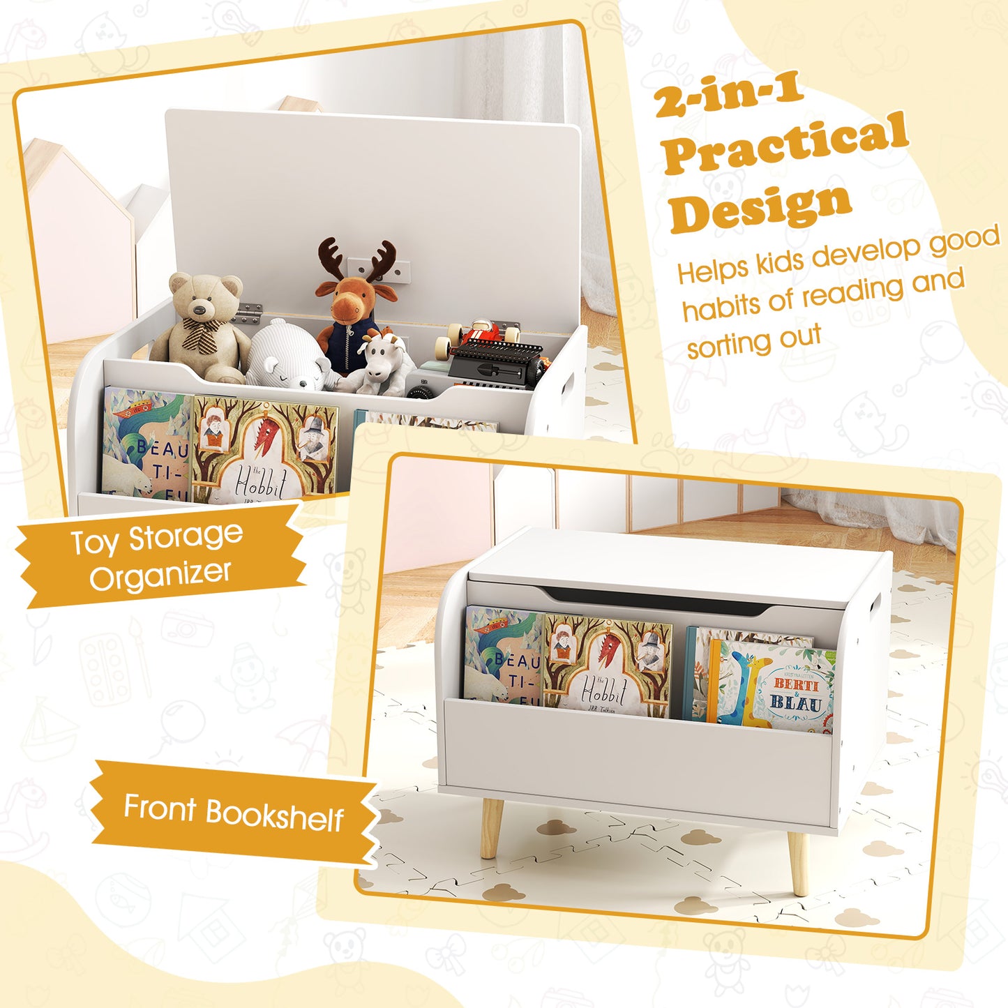 Kids Wooden Toy Box with Front Bookshelf and 4 Solid Wood Legs for Playroom, White Kids Storage at Gallery Canada