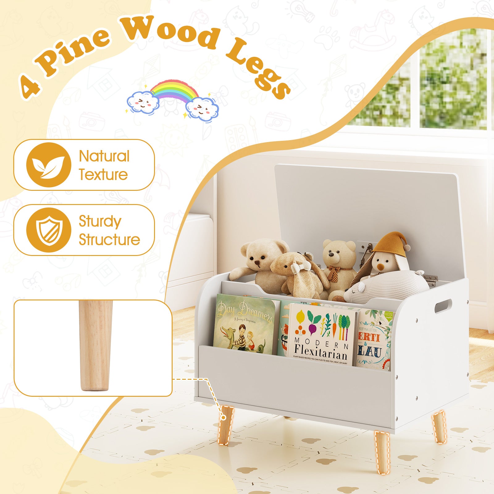 Kids Wooden Toy Box with Front Bookshelf and 4 Solid Wood Legs for Playroom, White Kids Storage at Gallery Canada