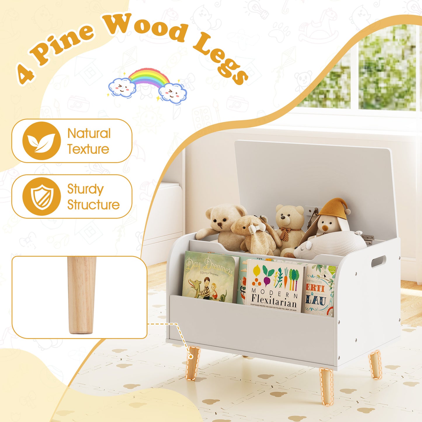 Kids Wooden Toy Box with Front Bookshelf and 4 Solid Wood Legs for Playroom, White Kids Storage at Gallery Canada