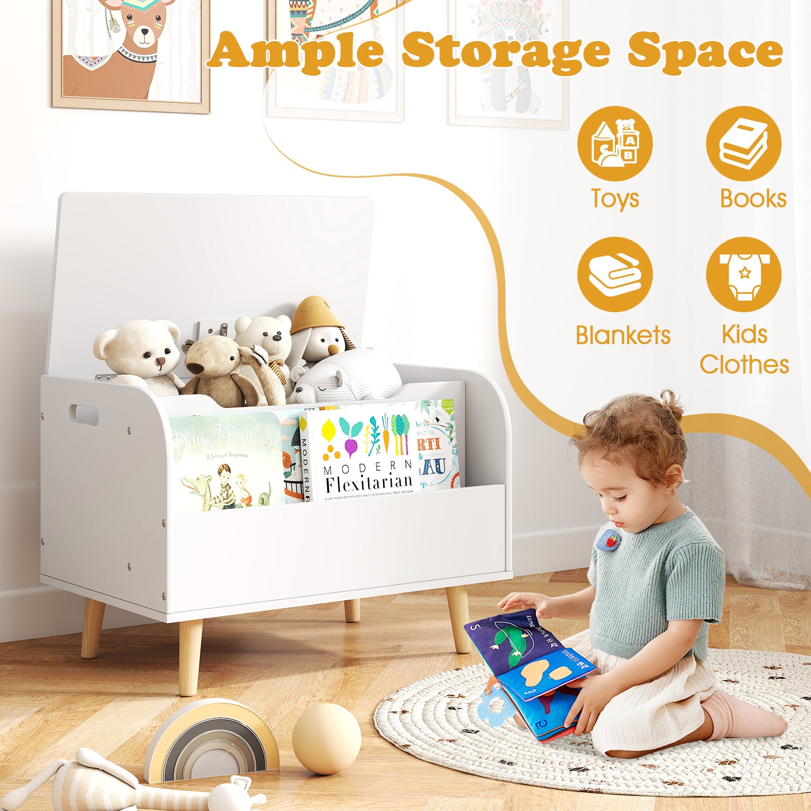 Kids Wooden Toy Box with Front Bookshelf and 4 Solid Wood Legs for Playroom, White Kids Storage at Gallery Canada
