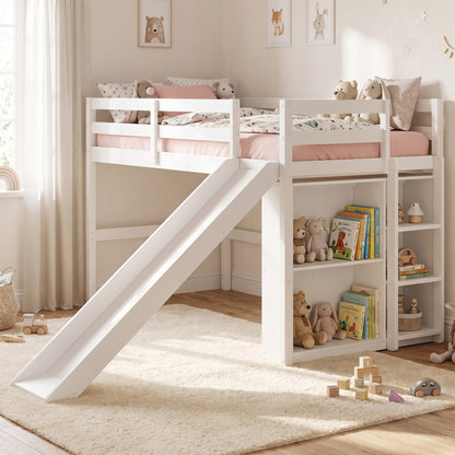 Cadre de lit superposé en bois pour enfants avec toboggan et échelle, blanc