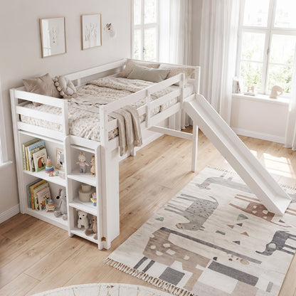 Cadre de lit superposé en bois pour enfants avec toboggan et échelle, blanc