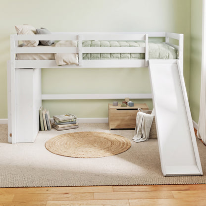 Cadre de lit superposé en bois pour enfants avec toboggan et échelle, blanc