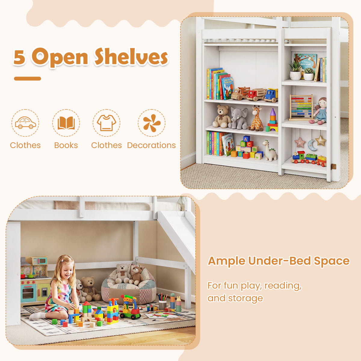 Cadre de lit superposé en bois pour enfants avec toboggan et échelle, blanc