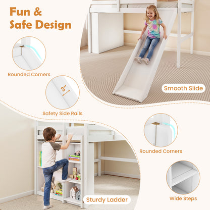 Cadre de lit superposé en bois pour enfants avec toboggan et échelle, blanc