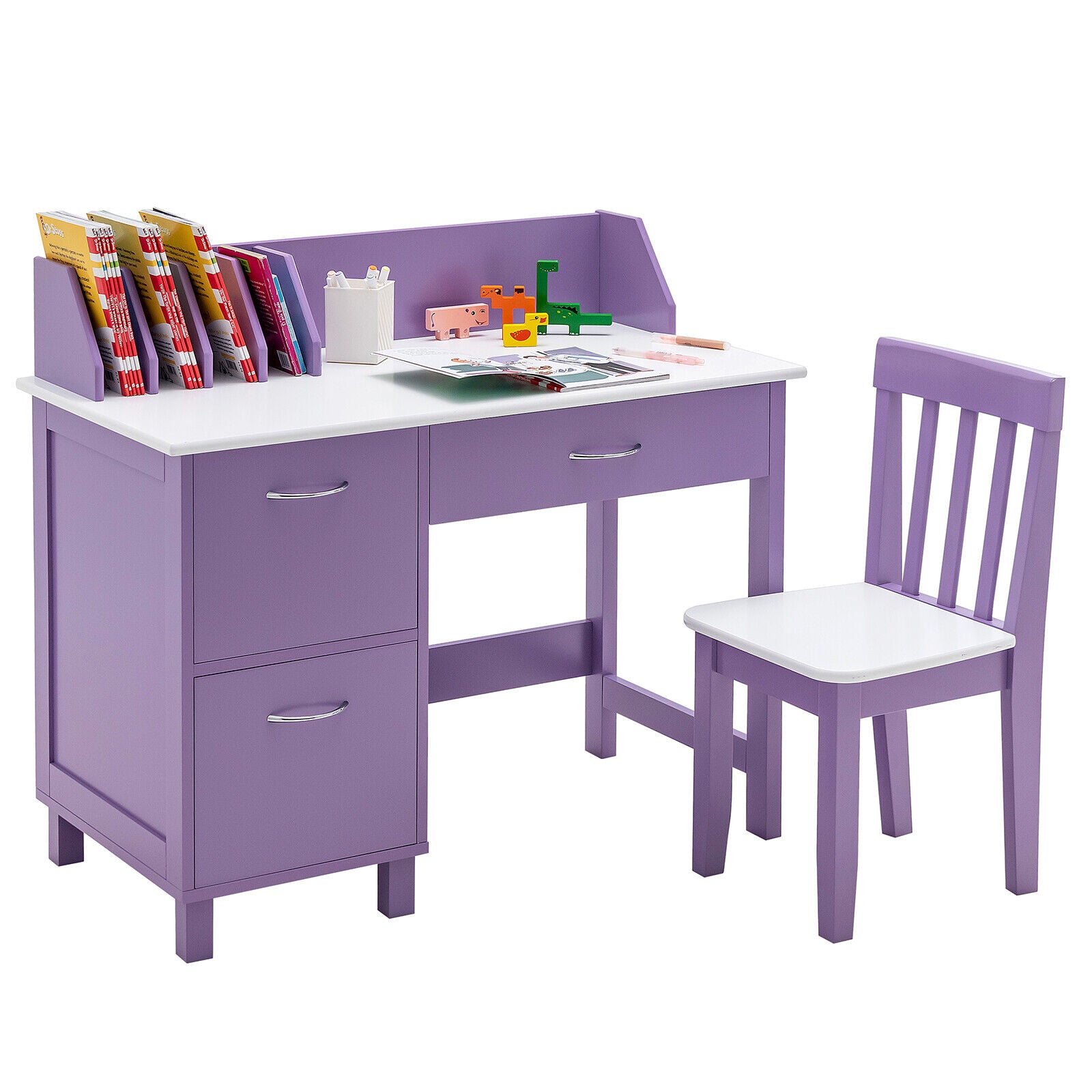 Kids Wooden Writing Furniture Set, With Drawer And Storage Cabinet, Purple Kids Table & Chair Sets at Gallery Canada