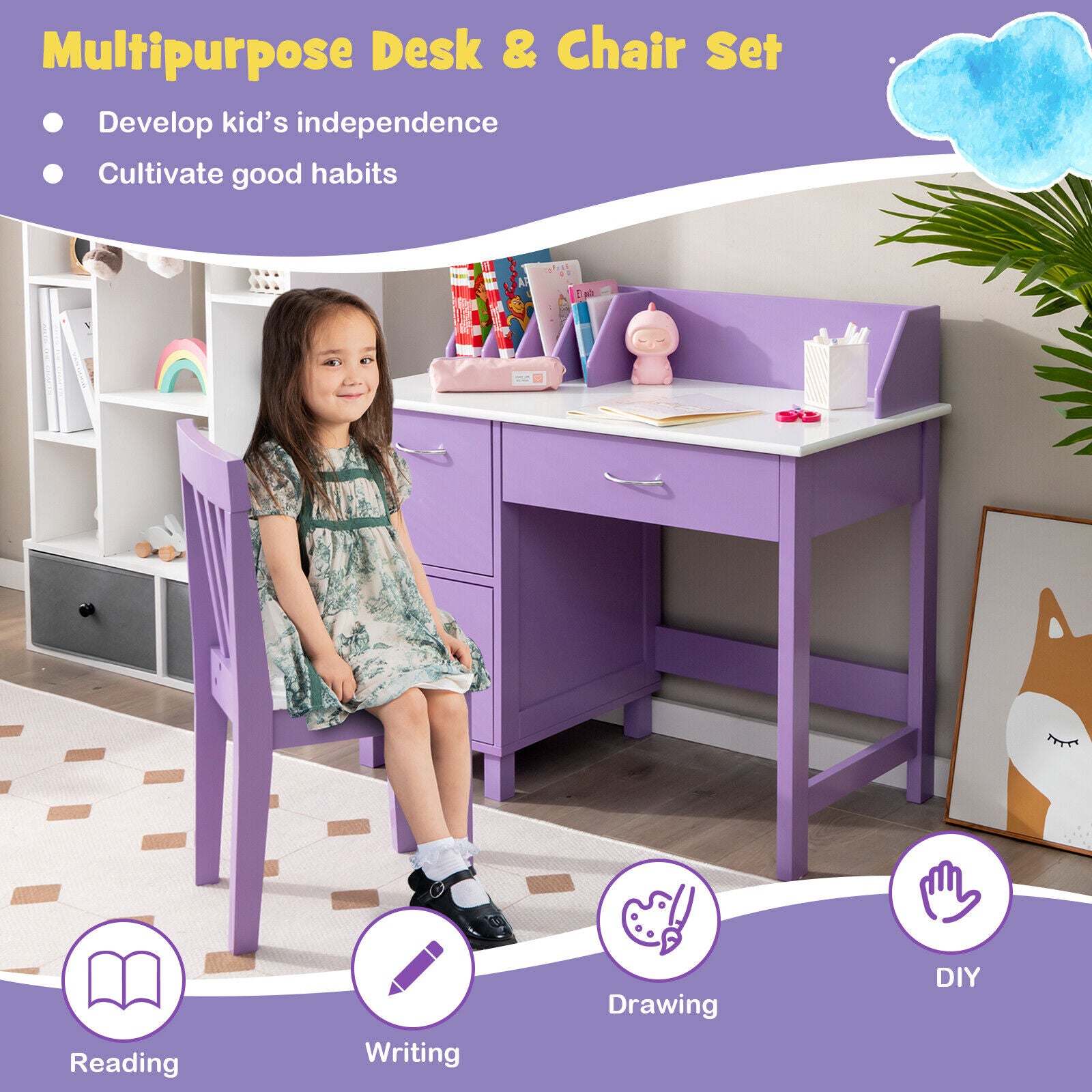 Kids Wooden Writing Furniture Set, With Drawer And Storage Cabinet, Purple Kids Table & Chair Sets at Gallery Canada