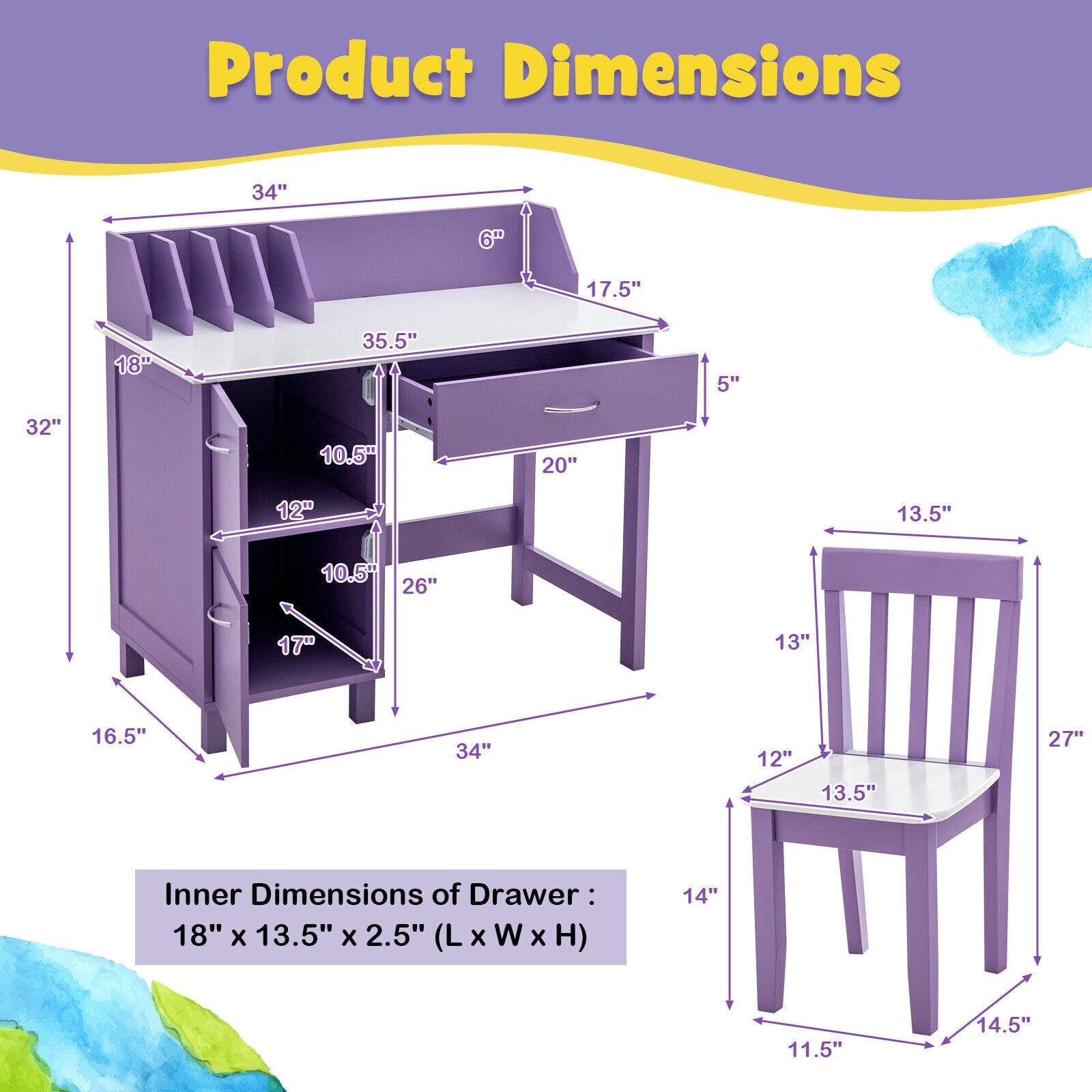 Kids Wooden Writing Furniture Set, With Drawer And Storage Cabinet, Purple Kids Table & Chair Sets at Gallery Canada