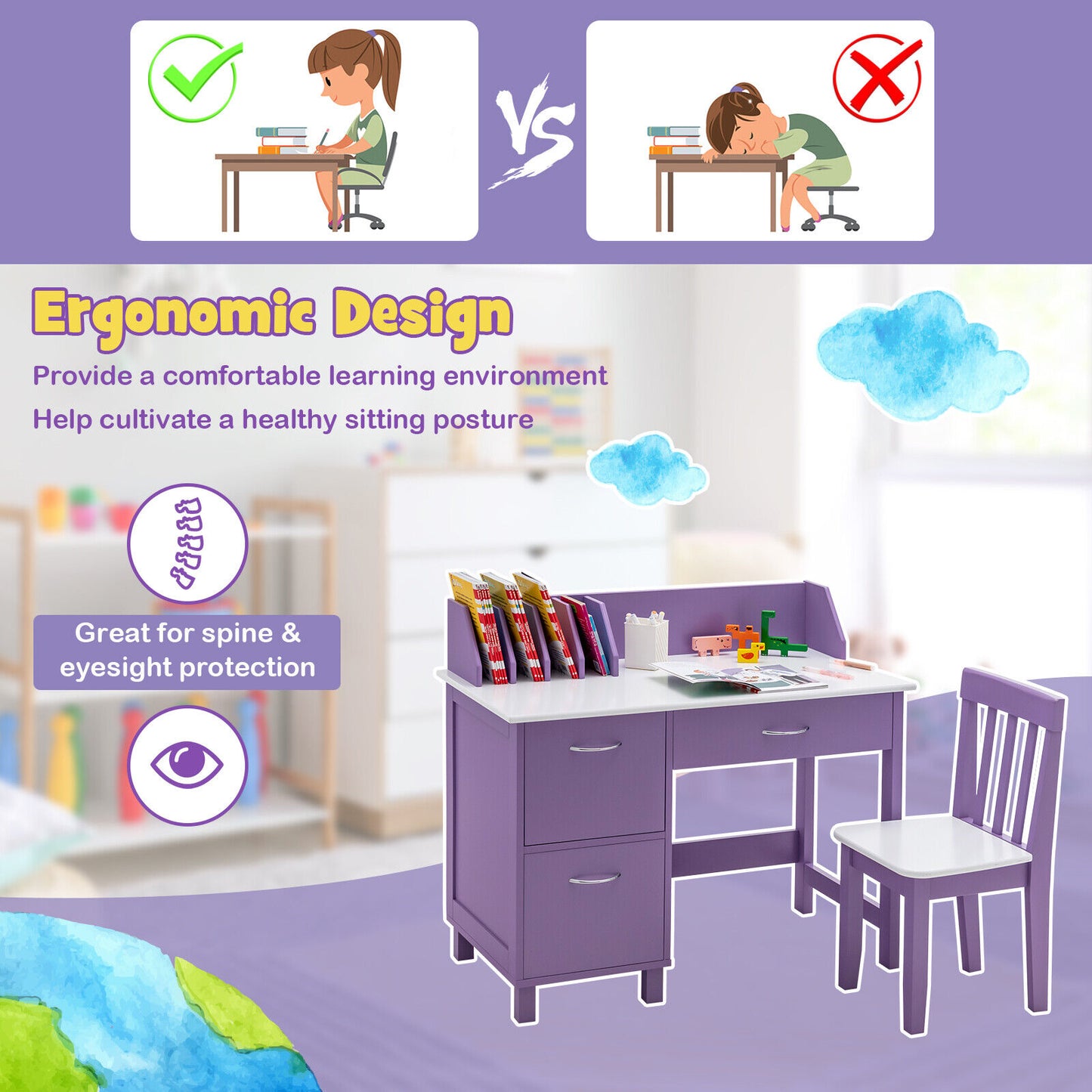 Kids Wooden Writing Furniture Set, With Drawer And Storage Cabinet, Purple Kids Table & Chair Sets at Gallery Canada
