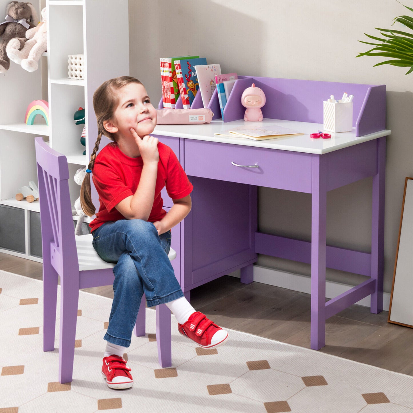Kids Wooden Writing Furniture Set, With Drawer And Storage Cabinet, Purple Kids Table & Chair Sets at Gallery Canada