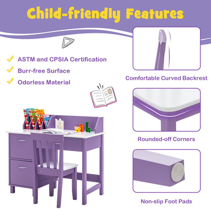 Kids Wooden Writing Furniture Set, With Drawer And Storage Cabinet, Purple Kids Table & Chair Sets at Gallery Canada