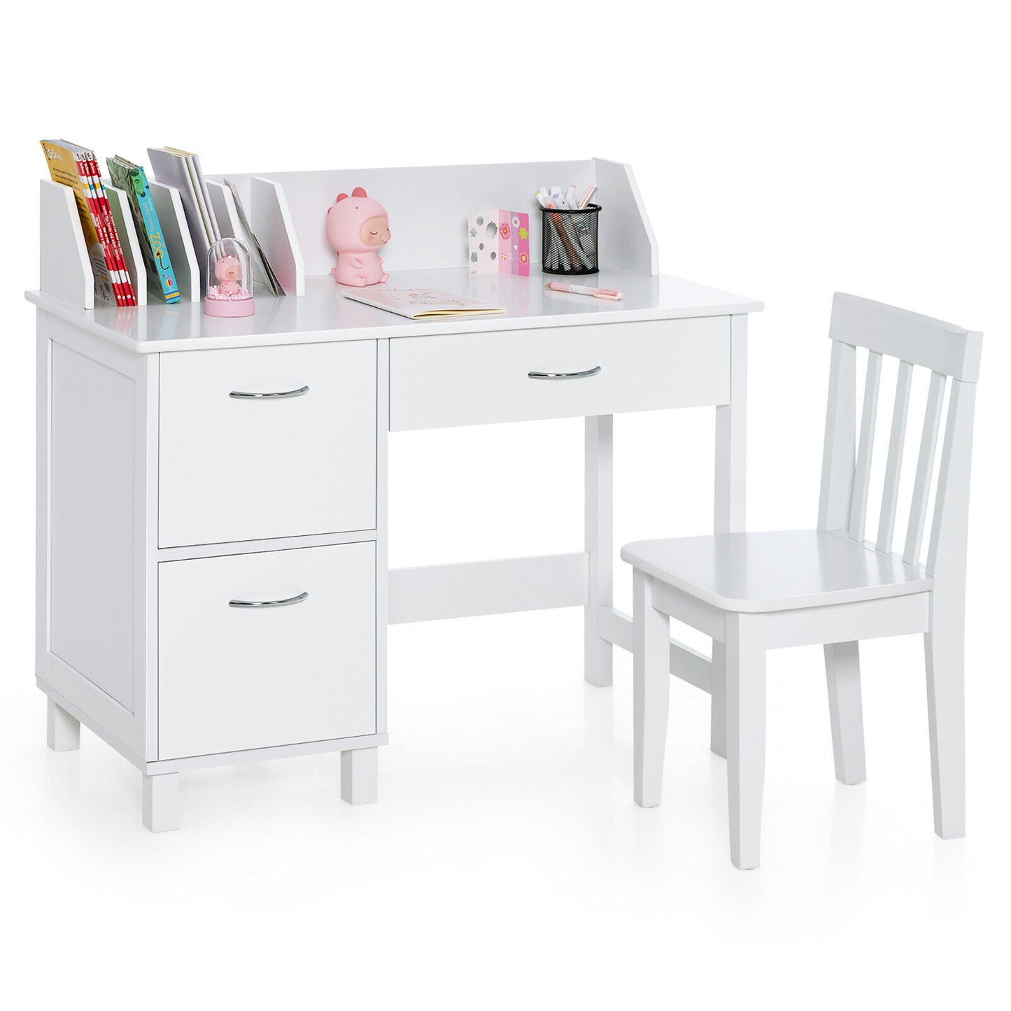 Kids Wooden Writing Furniture Set with Drawer and Storage Cabinet, White Kids Table & Chair Sets White at Gallery Canada