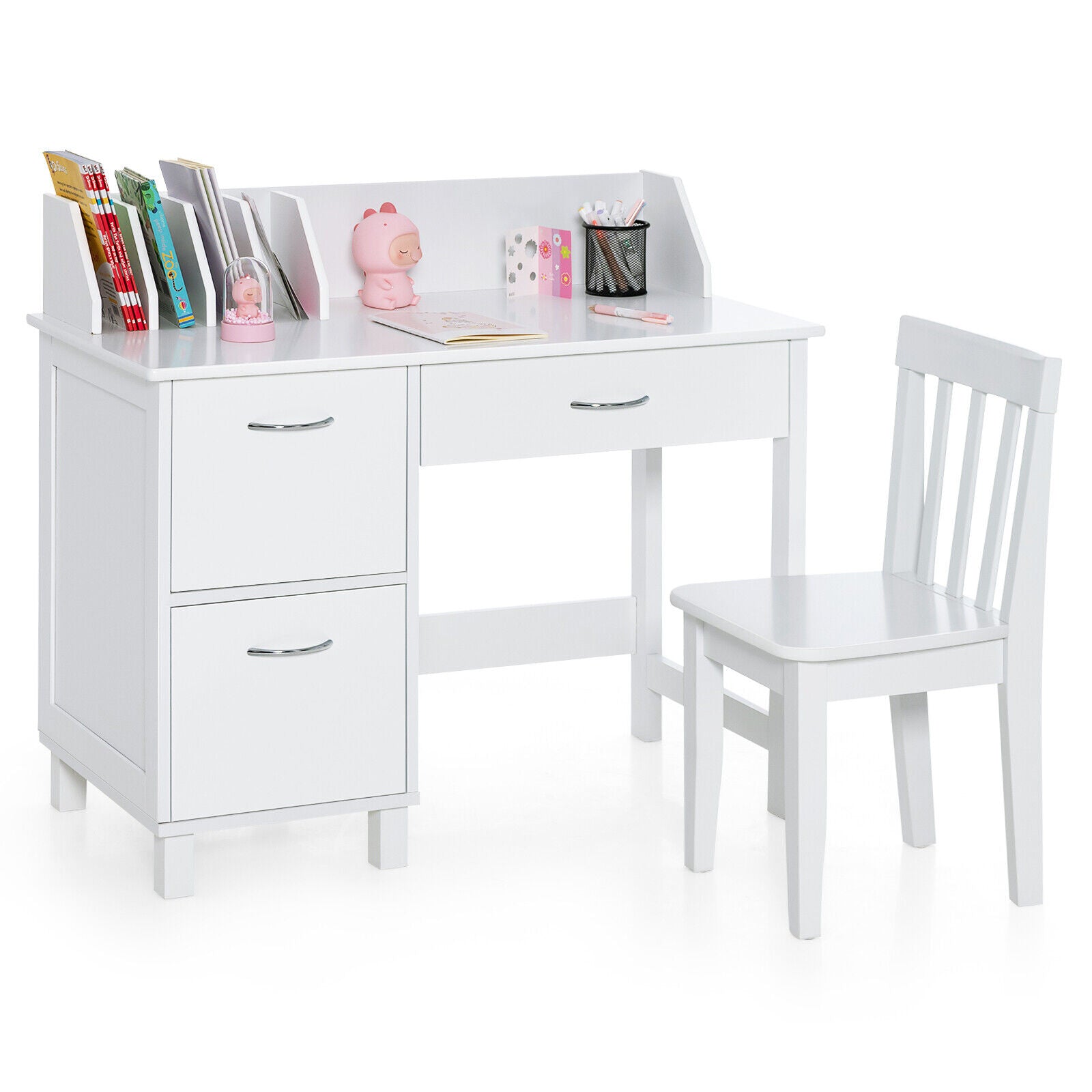Kids Wooden Writing Furniture Set with Drawer and Storage Cabinet, White Kids Table & Chair Sets White at Gallery Canada