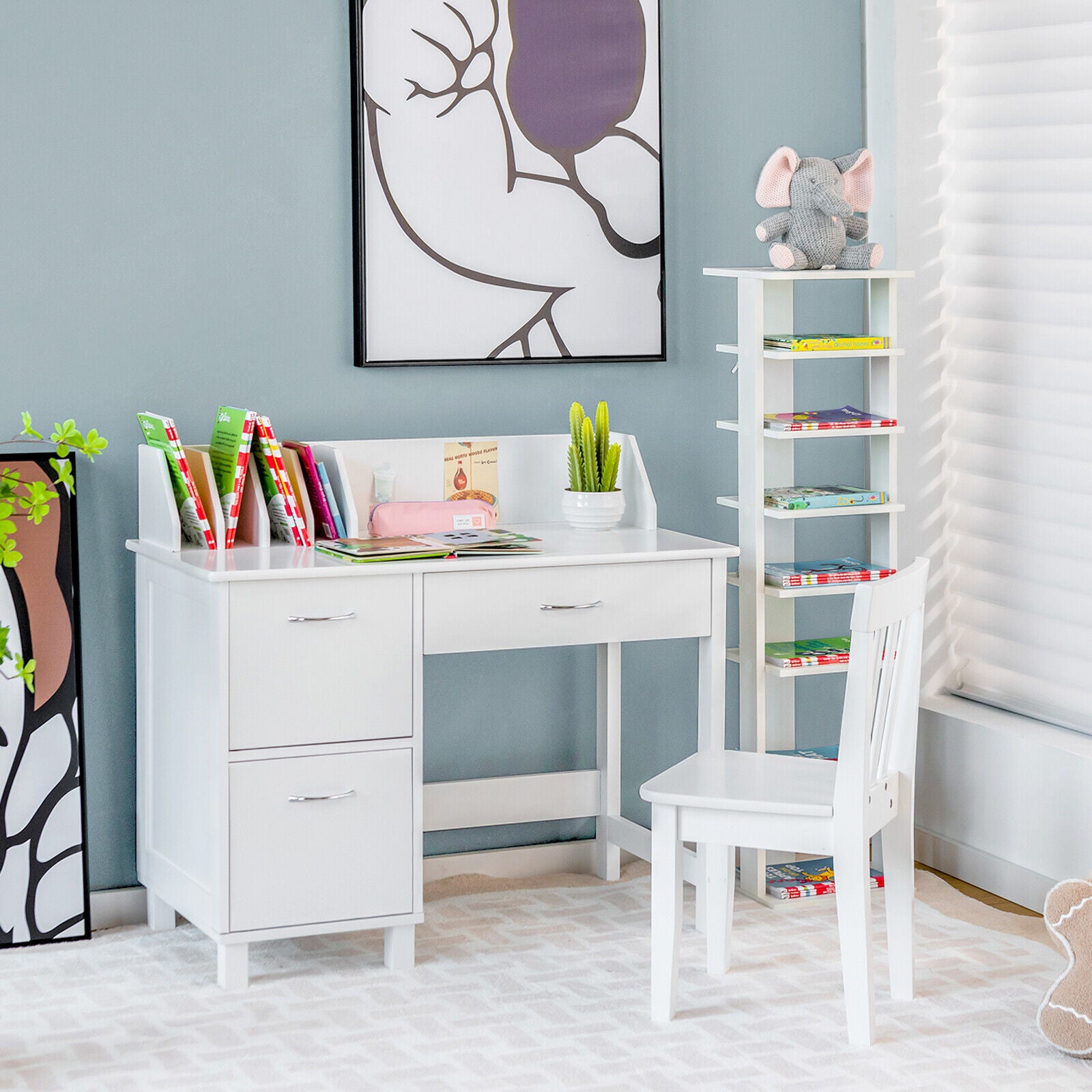 Kids Wooden Writing Furniture Set with Drawer and Storage Cabinet, White Kids Table & Chair Sets at Gallery Canada