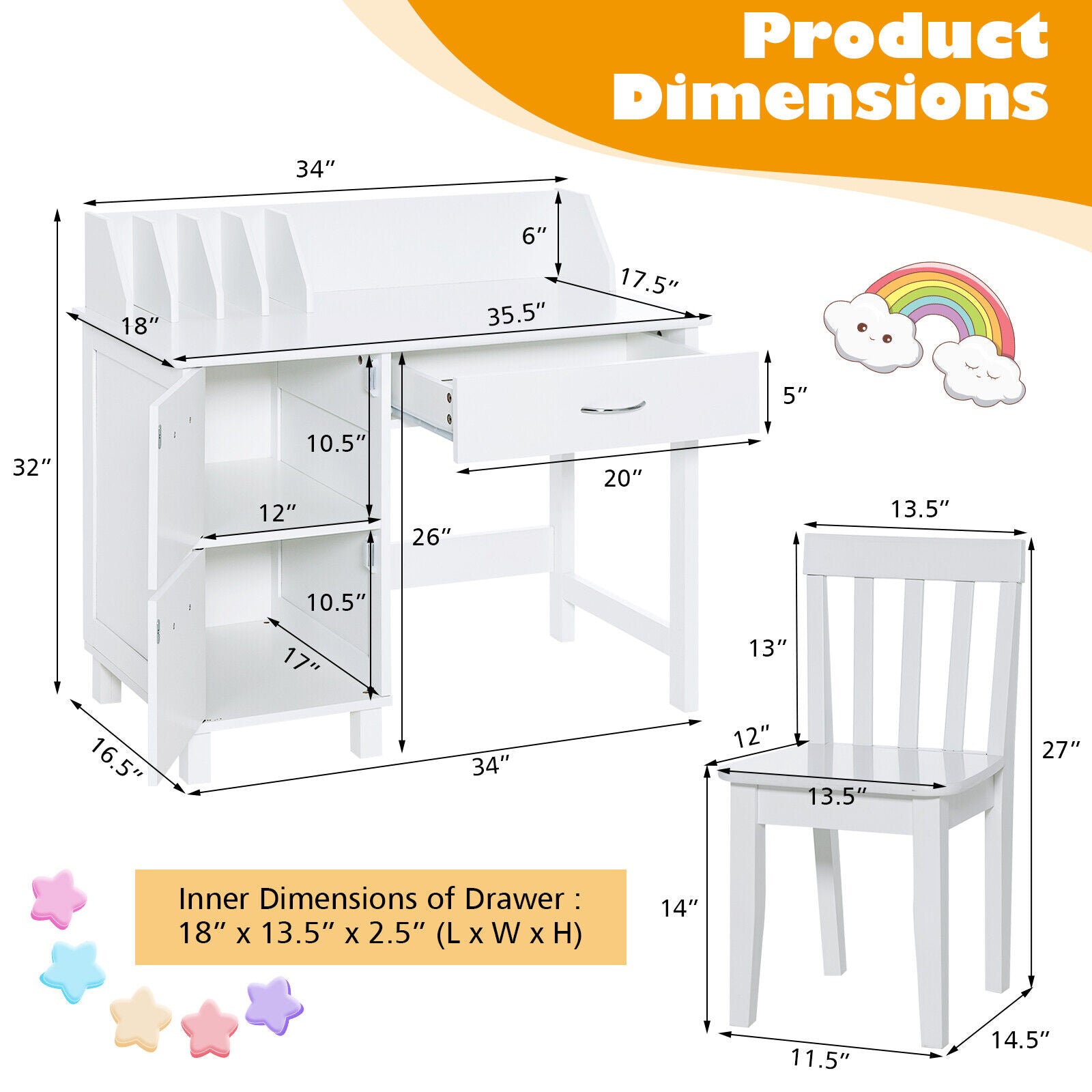 Kids Wooden Writing Furniture Set with Drawer and Storage Cabinet, White Kids Table & Chair Sets at Gallery Canada