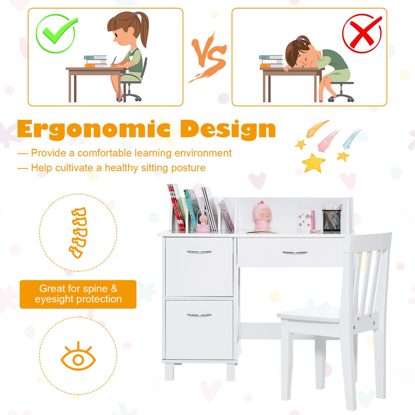 Kids Wooden Writing Furniture Set with Drawer and Storage Cabinet, White Kids Table & Chair Sets at Gallery Canada