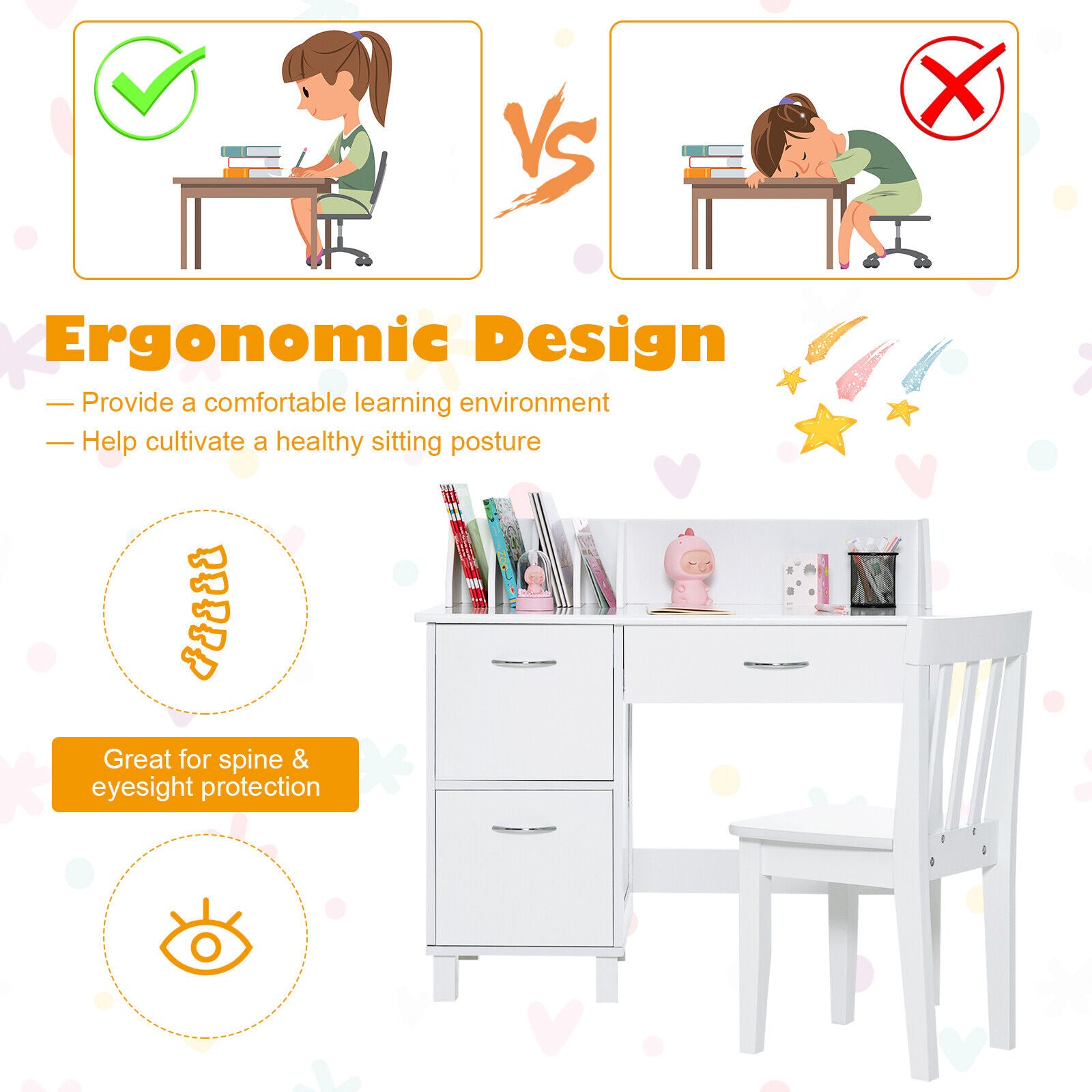 Kids Wooden Writing Furniture Set with Drawer and Storage Cabinet, White Kids Table & Chair Sets at Gallery Canada