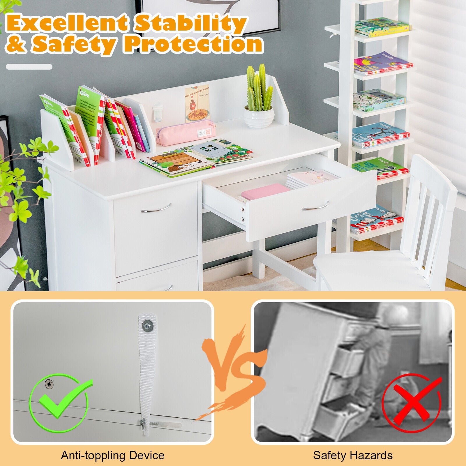 Kids Wooden Writing Furniture Set with Drawer and Storage Cabinet, White Kids Table & Chair Sets at Gallery Canada