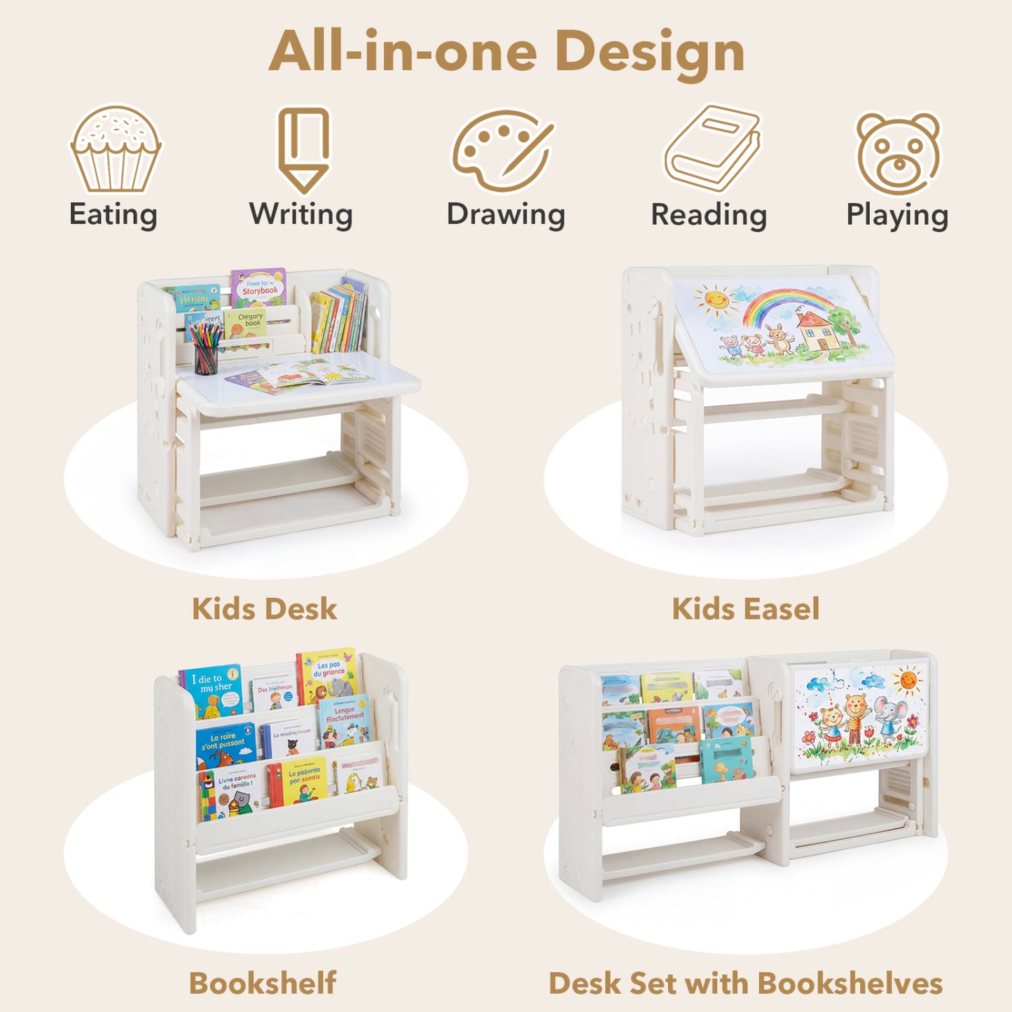 Kids Writing Desk Set With Side Bookshelves, White