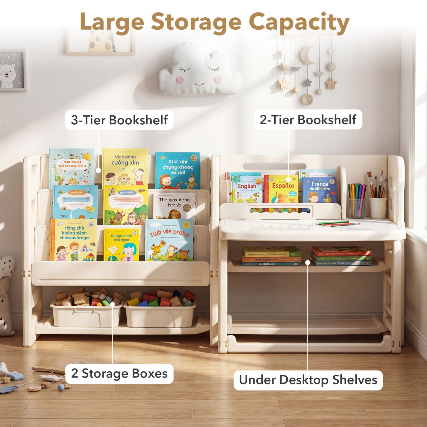 Kids Writing Desk Set With Side Bookshelves, White