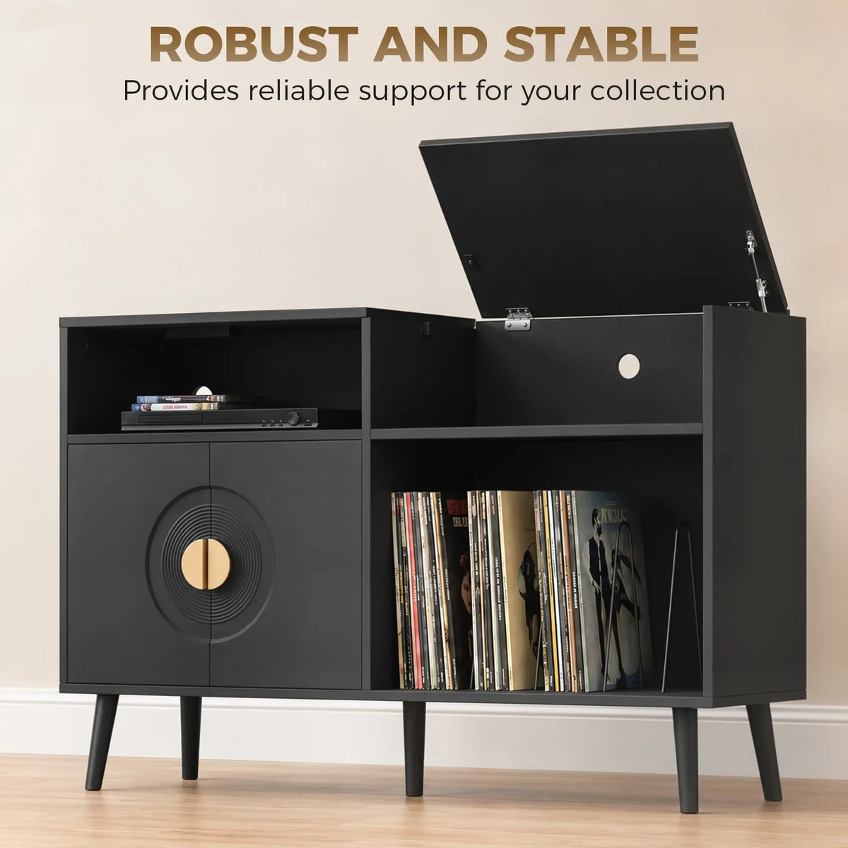 Record Player Stand with Outlets, Vinyl Storage Holds 300 Albums, Black