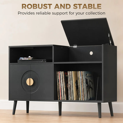 Record Player Stand with Outlets, Vinyl Storage Holds 300 Albums, Black