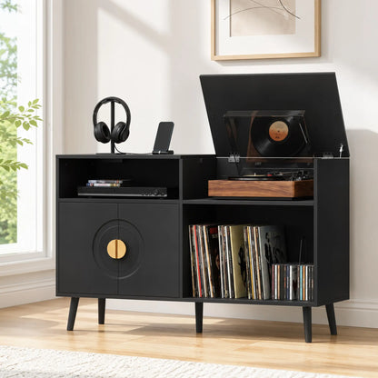 Record Player Stand with Outlets, Vinyl Storage Holds 300 Albums, Black