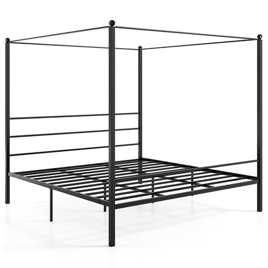King Size Metal Canopy Bed Frame with Slat Support, Black