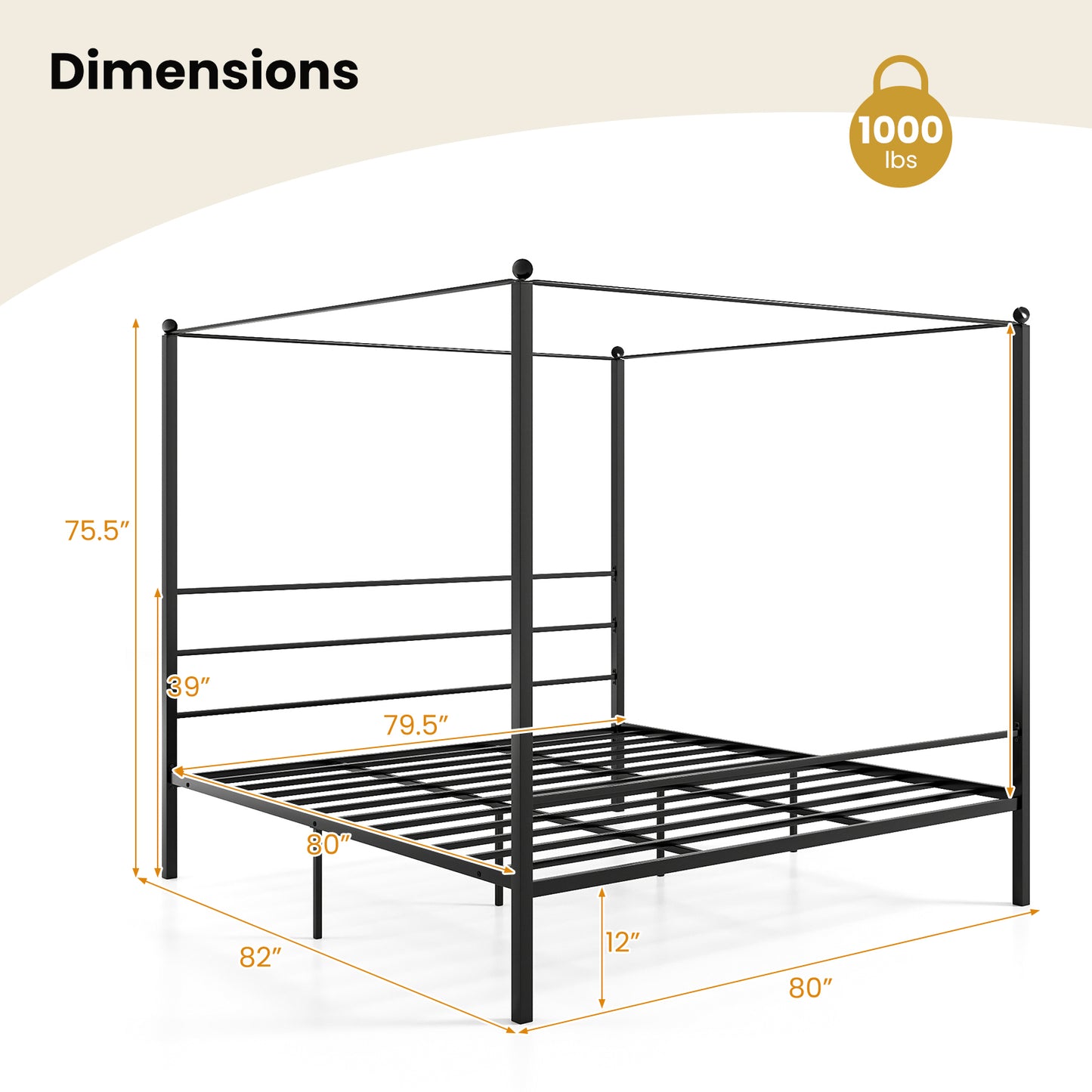 King Size Metal Canopy Bed Frame with Slat Support, Black