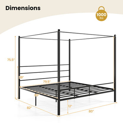King Size Metal Canopy Bed Frame with Slat Support, Black