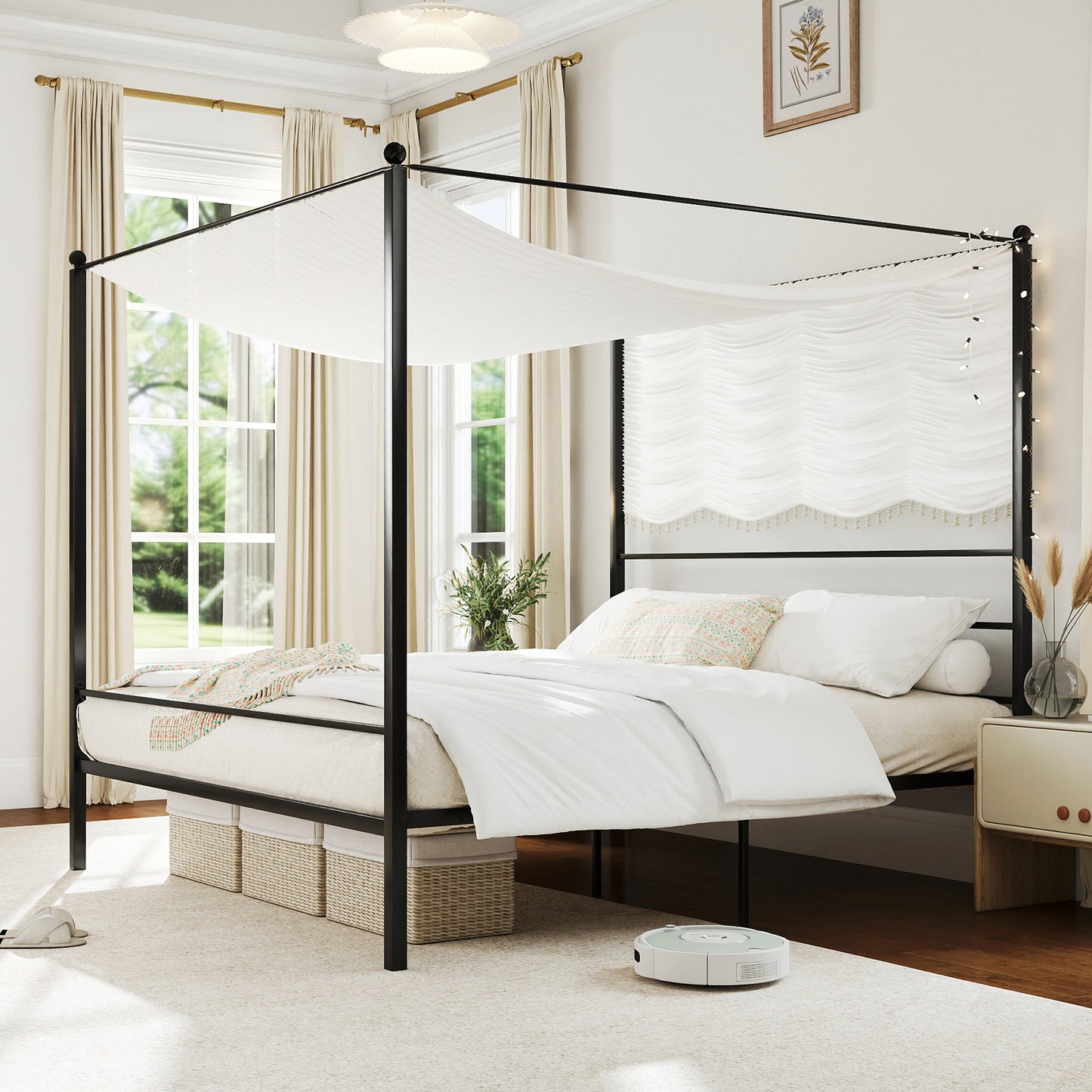 King Size Metal Canopy Bed Frame with Slat Support, Black