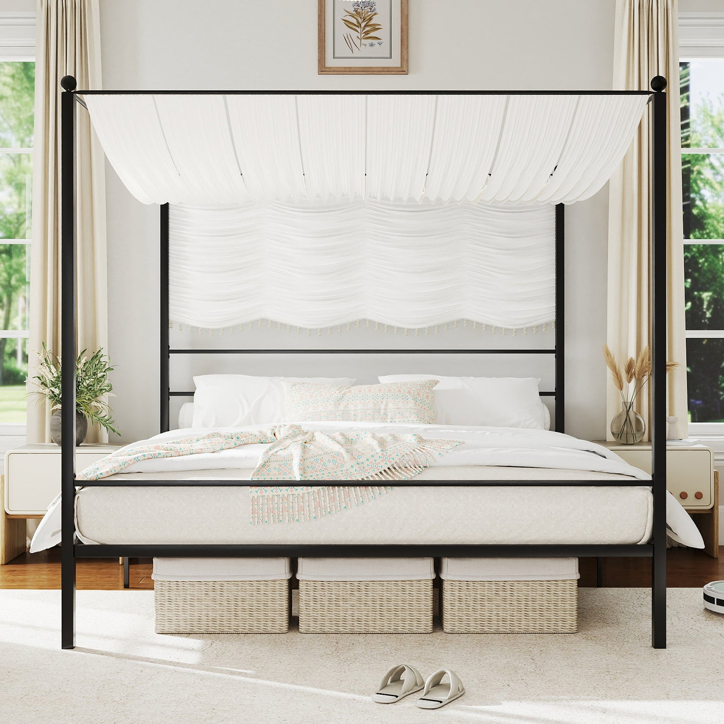 King Size Metal Canopy Bed Frame with Slat Support, Black