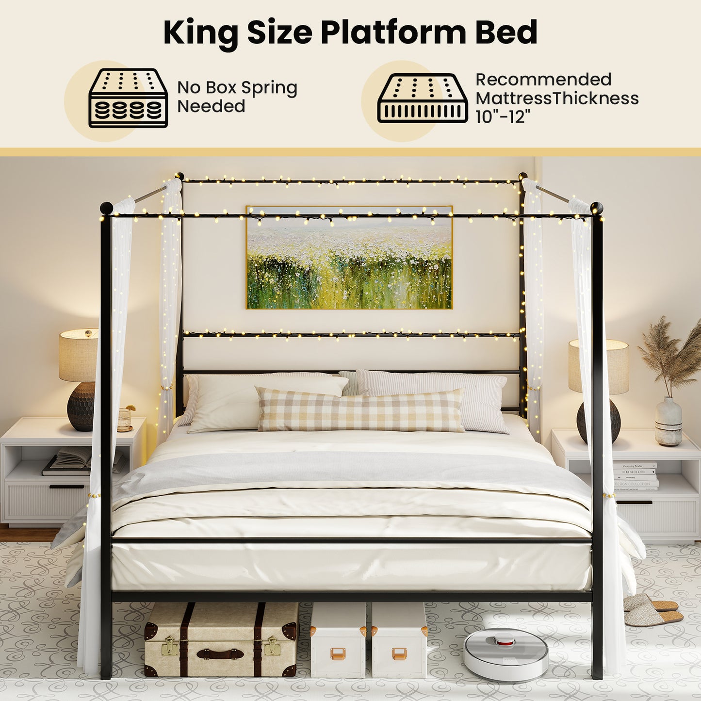 King Size Metal Canopy Bed Frame with Slat Support, Black