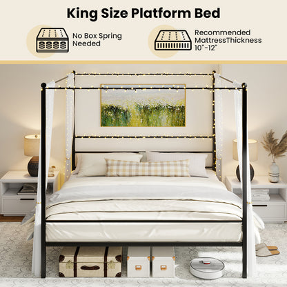 King Size Metal Canopy Bed Frame with Slat Support, Black