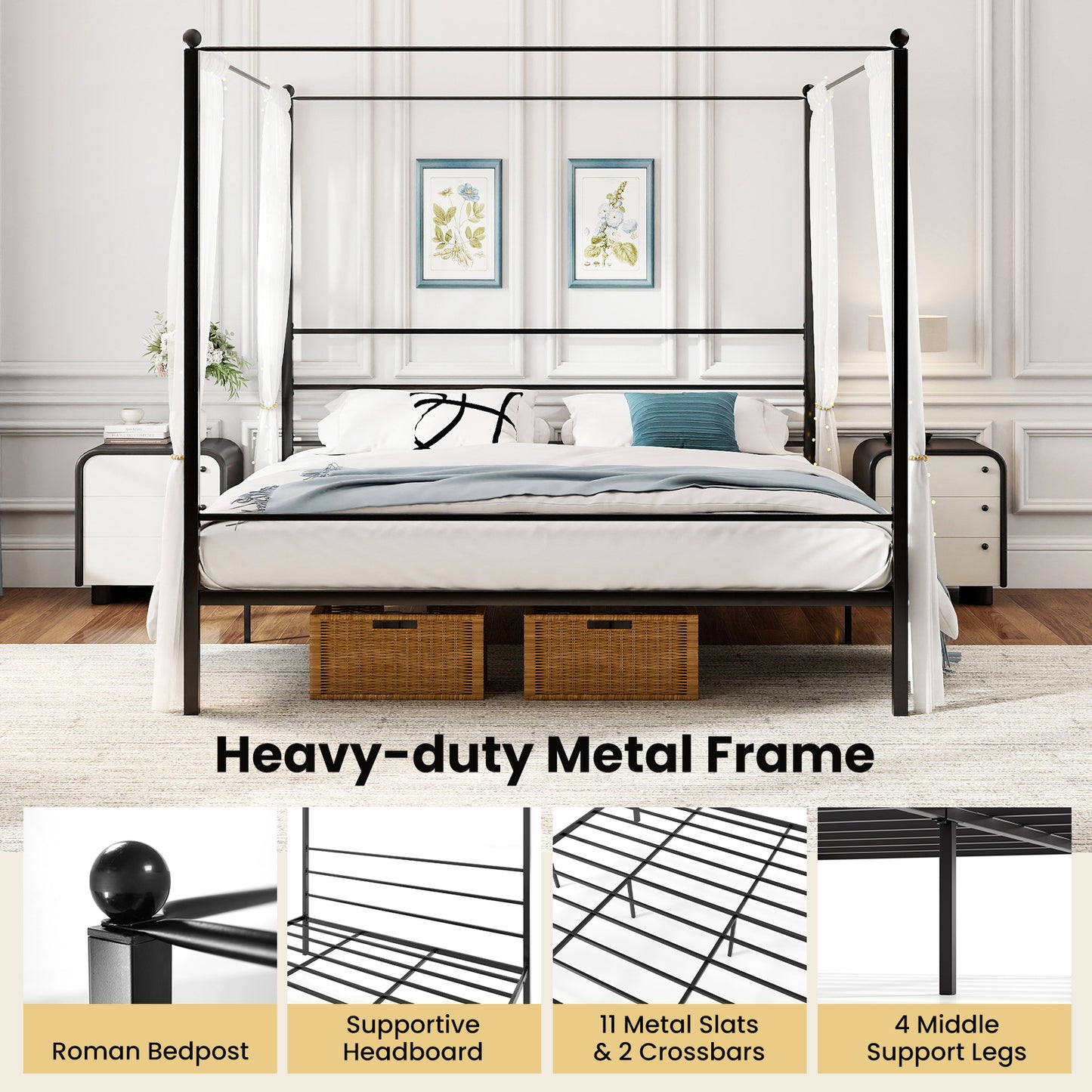 King Size Metal Canopy Bed Frame with Slat Support, Black