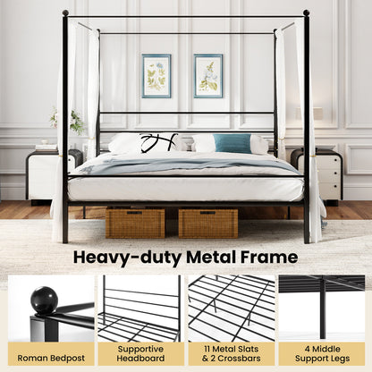 King Size Metal Canopy Bed Frame with Slat Support, Black