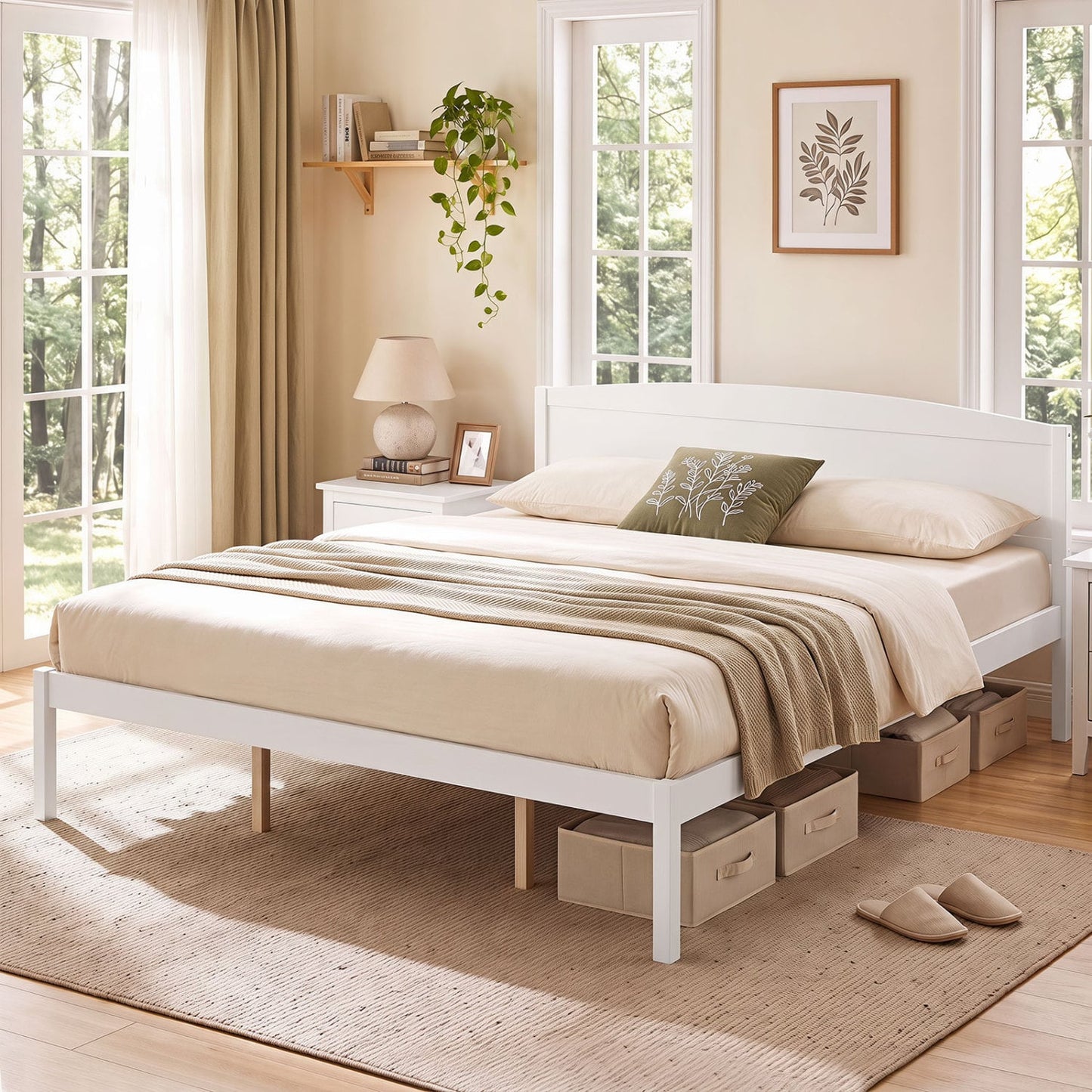 King Size Wooden Platform Bed Frame with Curved Headboard, White